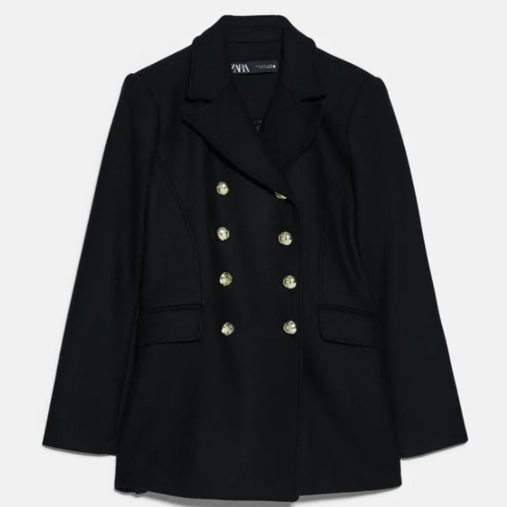 ZARA MANTECO WOOL BLACK AND GOLD BUTTON SHORT PEACOAT - Picture 1 of 11